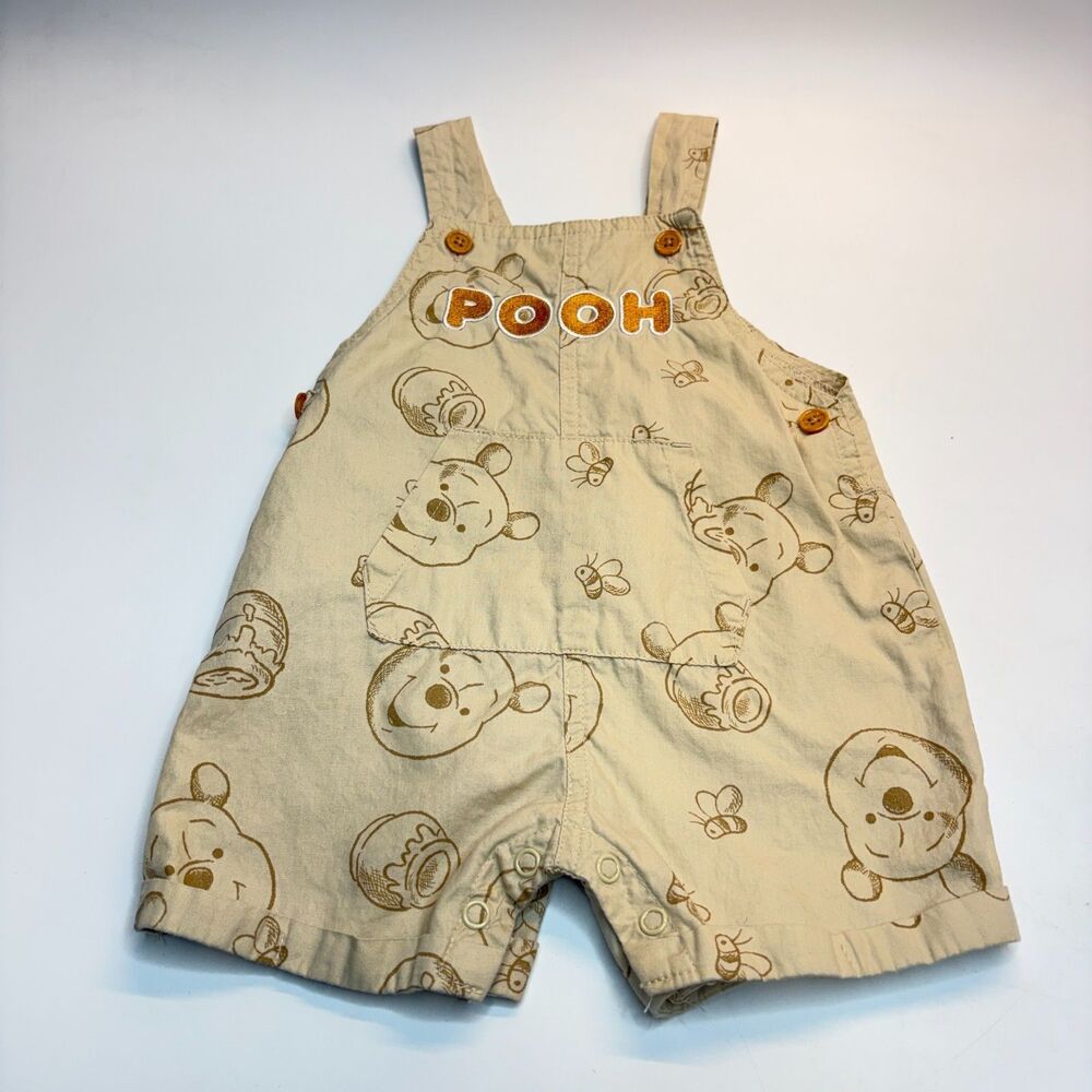 DISNEY Cream/Brown Baby Winnie the Pooh Overalls Size 6-9 Mo Embroidered Logo